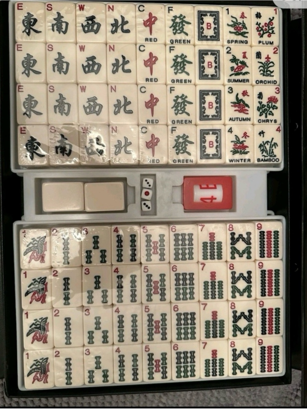 Traditional Chinese Mahjong Set in White with Green and Red Accents